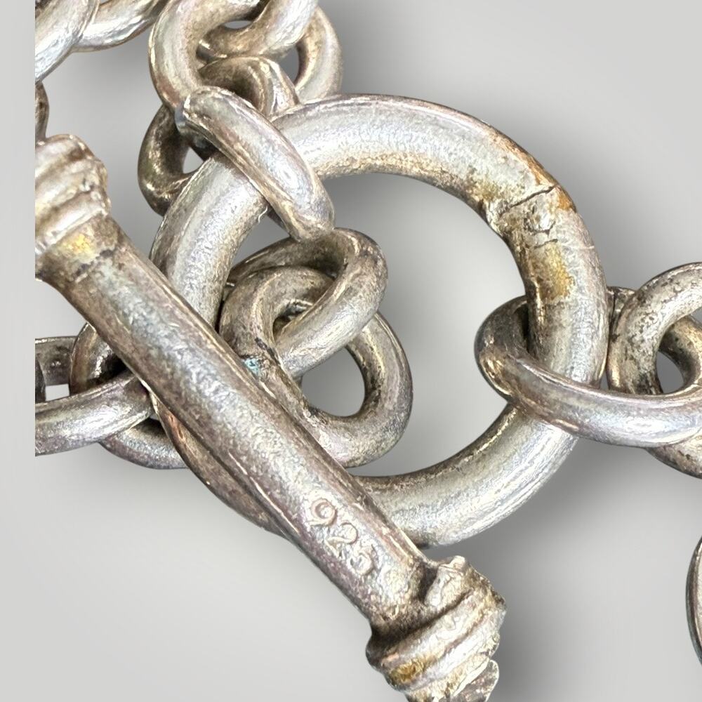 Solid Sterling Silver 925 Toggle Front Clasp Bald Heart Charm Bracelet 34.2g - Picture 3 of 6